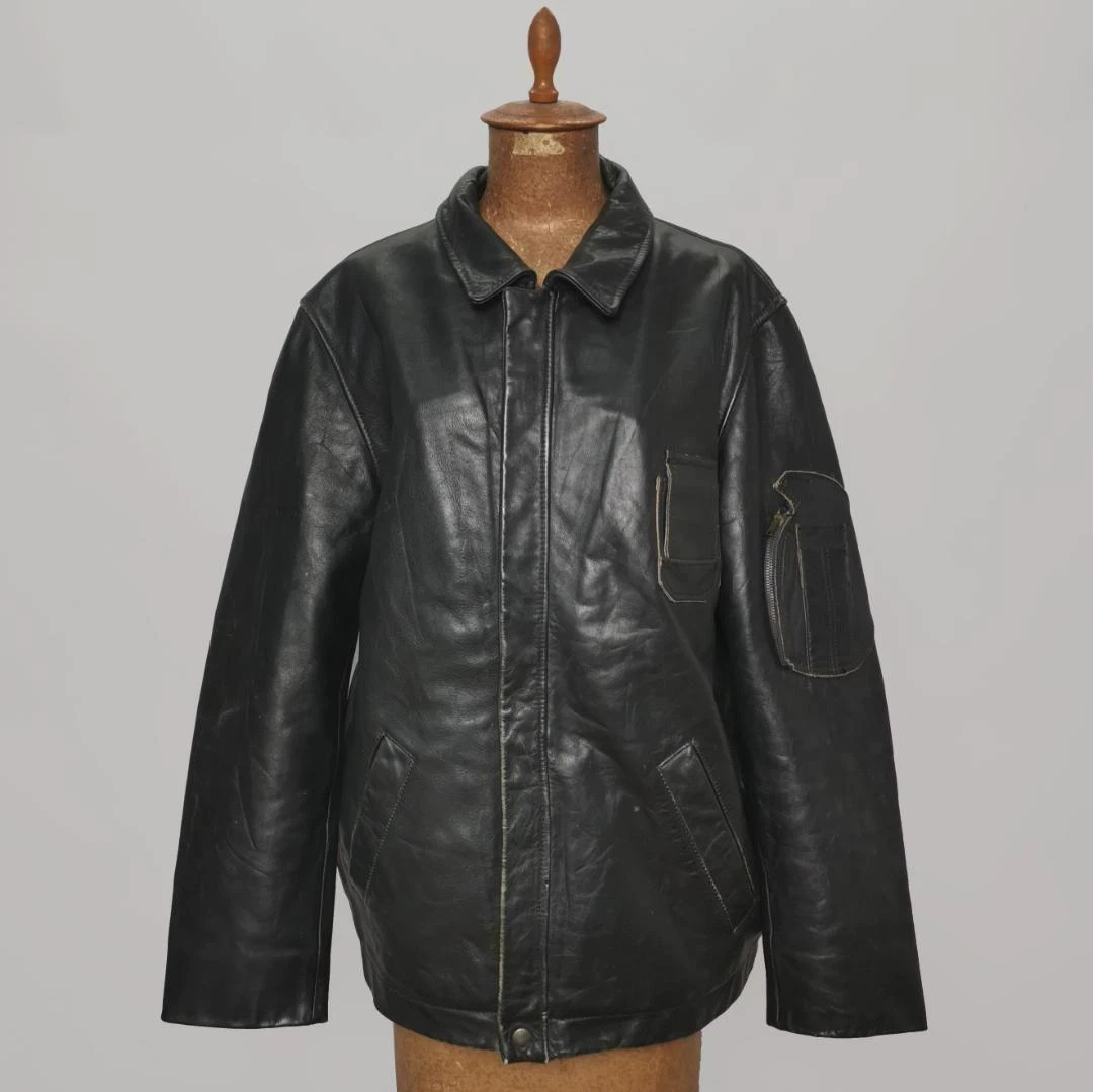 French Army Pilot Flight Leather Jacket Black Military Size Large Vintage