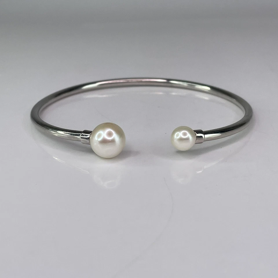 Natural Pearl Minimalistic Bangle Bracelet 925 Sterling Silver London Hallmark - Image 2 of 4