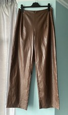Pretty Little Thing Brown Straight Coated High Rise Long Leg Trousers Size 16