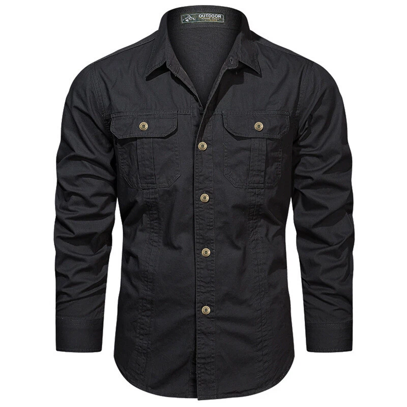 Mens Work Shirts Military Long Sleeves Air Force Army Cotton Casual Shirts Tops - Image 3 of 4
