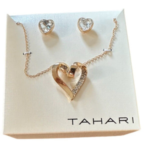 Authentic Tahari CZ Heart Necklace & Stud Earring Set Gold Plated Brand