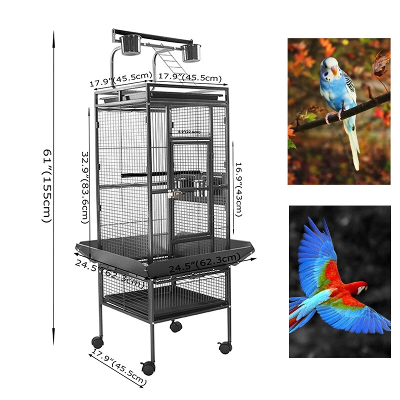Bird Cage Macaw Large Metal Cockatoo Parrot Wheels Wire Removable Black 61 inch