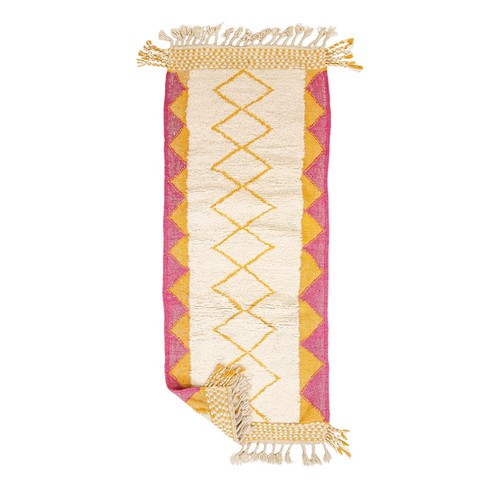 Moroccan Handmade Beni Ourain Rug 3x8 Berber Geometric Pink Yellow Wool Runner - Picture 12 of 12