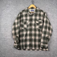 Vintage Pendleton Shirt Mens Large L Green Loop Collar Shadow Plaid Wool Flannel