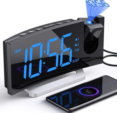 Projection Alarm Clock with FM Radio, USB Charging Port, 0-100% Dimmer, Dual ...