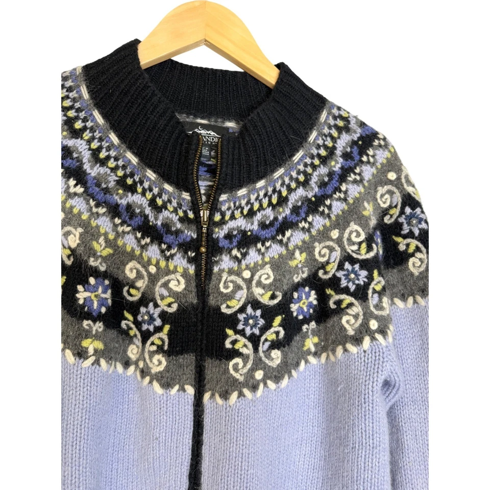 Suéter Vintage Diseños Islandeses Para Mujer L Azul Lana de Cordero Angora Cremallera Fair Isle Foto 3 de 4