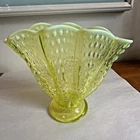 Fenton Hobnail Clam Shell / Wavy Fan Vase 8.5" x 10.5” Vaseline Topaz Opalescent