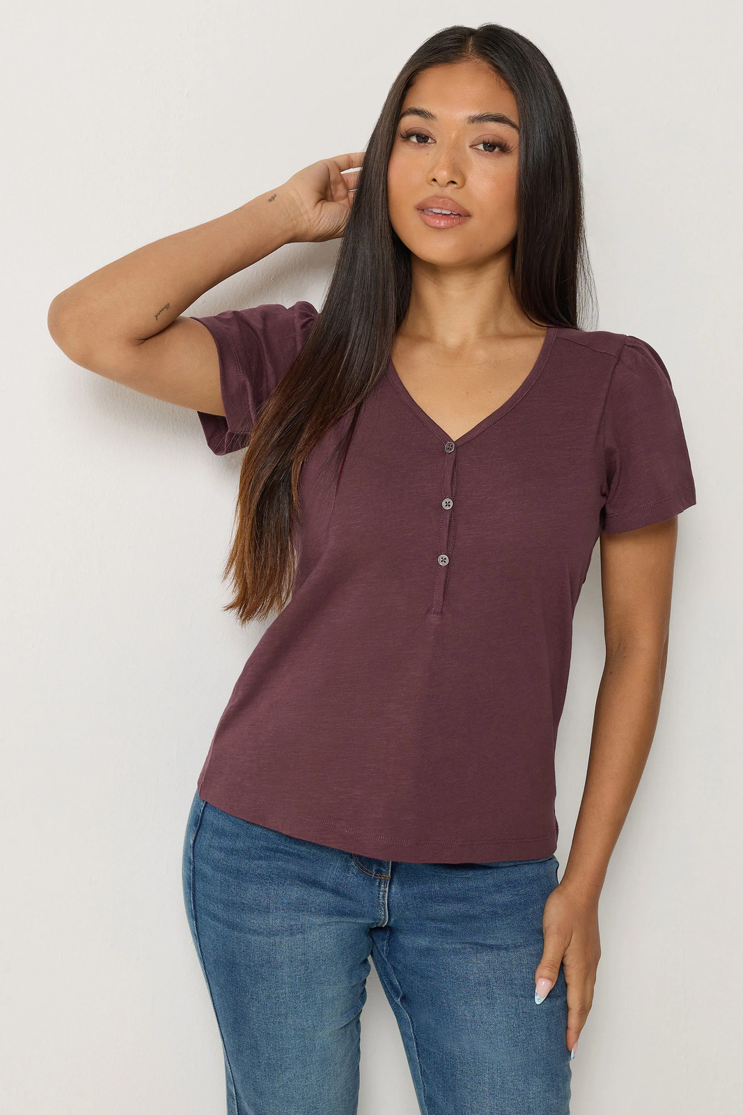M&Co Petite Women's Half Placket Cotton Top