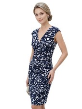 Ralph Lauren Women Dress Size 4 Blue White Abstract Ruched Faux Wrap Cocktail