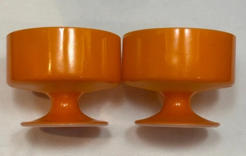 2 Federal Glass Sherbet Bowls Tangerine Orange Platonite Fired Milk Glass