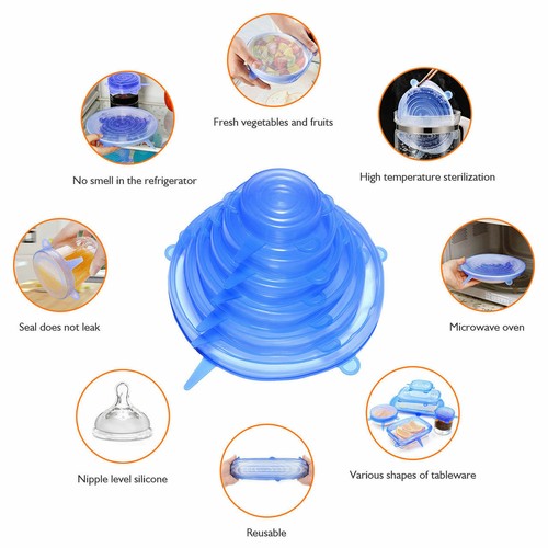 6pcs Reusable Silicone Stretch Lids Kitchen food Storage Wraps Cover Various - Picture 3 of 12