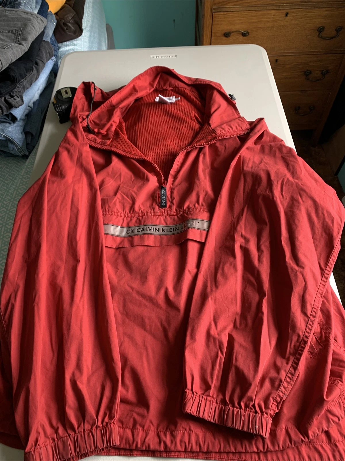 Calvin Klein Jacket: Mens XL: Red: Lightweight: Windbreaker: Hooded: Quarter Zip