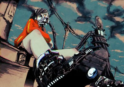 Anime girls gas masks worms eye view power lines sitting Play Gaming Mat Desk