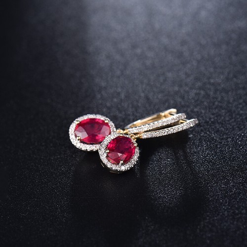 Jewelry Sets Oval 6x8mm 14Kt Yellow Gold Real Diamonds Blood Red Ruby Earrings - Picture 6 of 8
