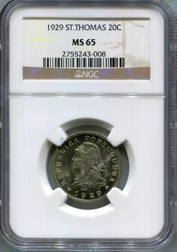 St. Thomas & Prince - 1929 20c KM#3 in NGC MS 65