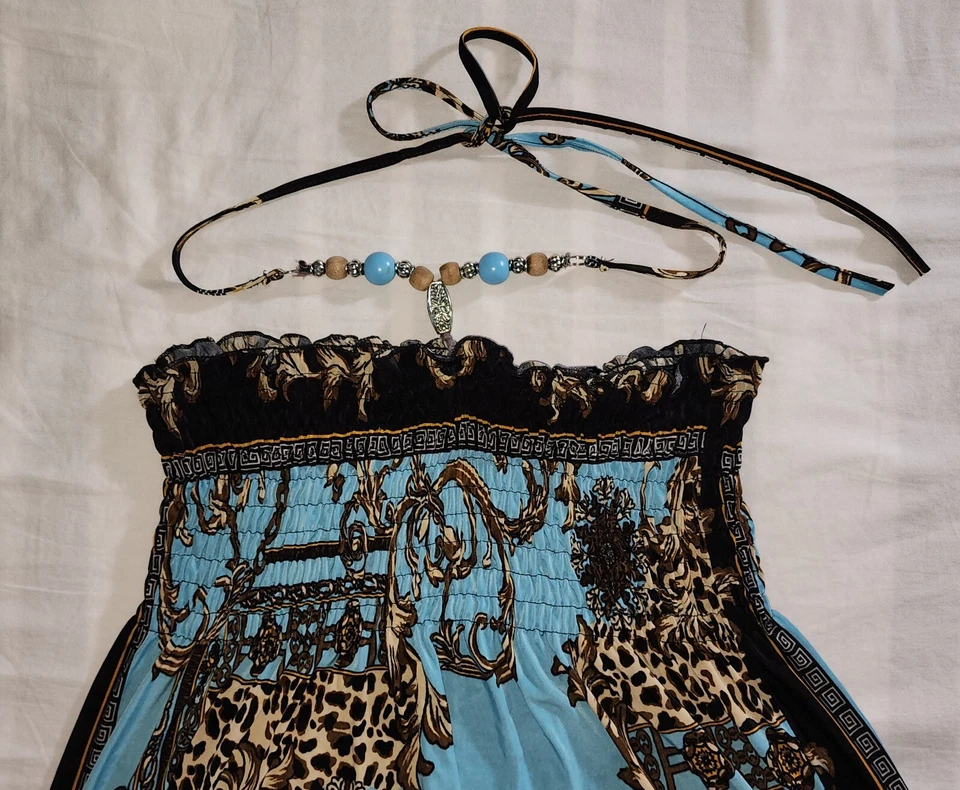 Maxi Vestido Sin Tirantes Turquesa?Marrón Elastizado Largo Chesley S Madera Cuentas Guepardo Foto 4 de 4