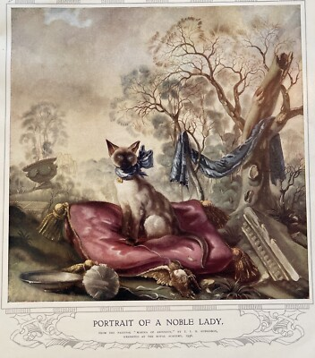 #ad 1936 Vintage Color Illustration Siamese Cat on Pillow Portrait of Noble Lady $20.35