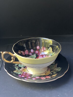 Royal Sealy China Porcelain Black Orchard Plums Grapes Berries TeaCup & Saucer