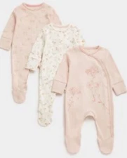 Mothercare 1-3 Months Set 3 Pink & Cream Mouse & Floral Cotton Sleepsuits - 