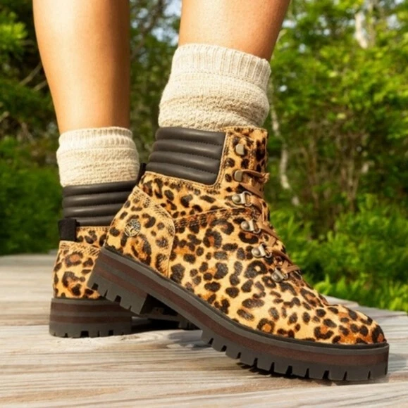 Stivali Timberland London Square Mid Hiker capelli di vitello stampa leopardata taglia 8 NUOVI