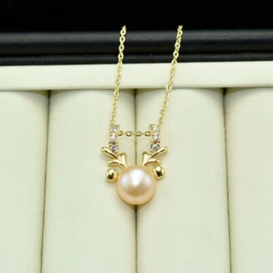 Authentic Deer Gold Plated Pink Pearl Pendant Necklace Clavicle Chain Choker Women