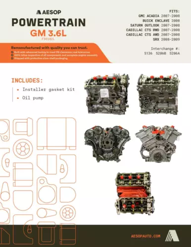 ENGINE 3.6L FITS GMC ACADIA 2007 VIN 7 8th digit 19259420 opt LY7