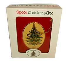 Spode Christmas Tree Oval with Gold Band Happy Holidays Porcelain Ornament 1999