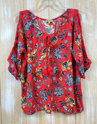 DEMOCRACY Blouse L Red Floral Print Gauzy Split Cold Shoulder Lace-Up Tassel