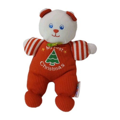 Eden Vtg My First Christmas Waffle Knit Rattle Teddy Bear Baby Plush Toy Doll