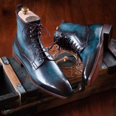 Paul Parkman Men's Hand-Painted Blue & Brown Patina Leather Boots (ID#BT548AW)