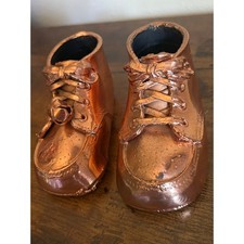 Vintage Bronzed Covered Pair Of Leather Laced Baby Shoes