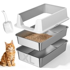 Stainless Steel Sifting Cat Litter Box for Pine Pellets, Light Gray Gray-Sifter