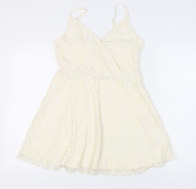 Mossimo Damen kurzes Kleid elfenbein Spitze A-Linie S ärmellos V-Ausschnitt
