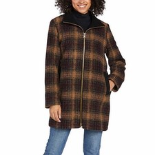  NWT Pendleton Womens Wool Full Zip Long Jacket Maroon Plaid, L 