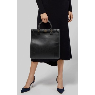 Gucci Vintage Black Leather Structured Tote Bag Gold Hardware Authentic Classic