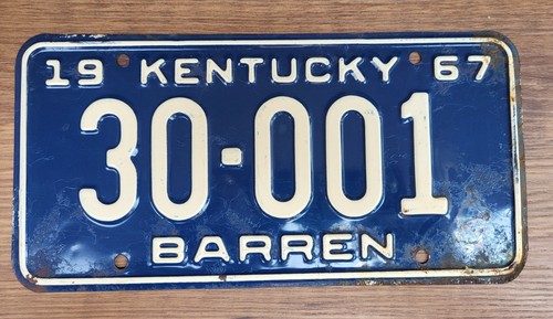 1967 Kentucky License Plate Tag #30-001 Barren Co Chevy Buick Dodge