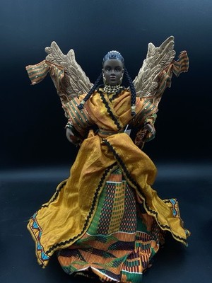 Afrocentric African American Angel With Wings Tree Topper 12  Kente Cloth 1996