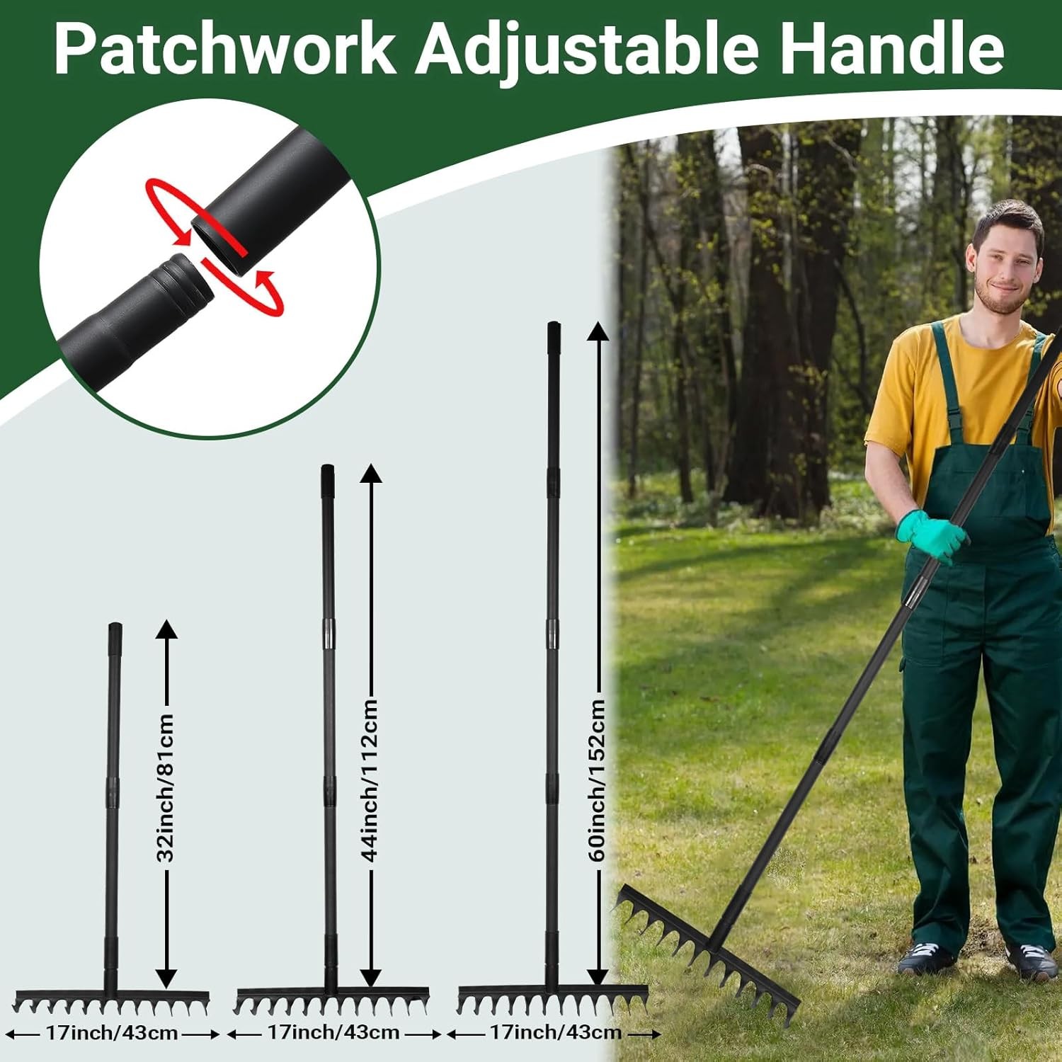 Garden Metal Bow Rake with 60 Inch Long Adjustable Handle,17 Inch Wide Heavy Dut