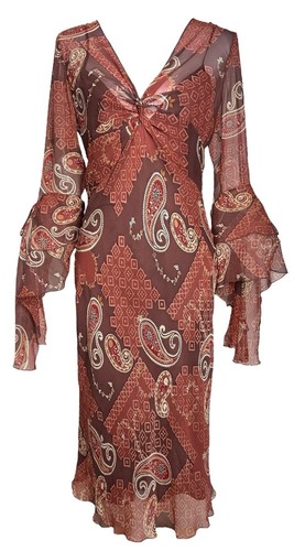 Vintage 90s Y2K Silk Dress 6 Red Brown Paisley Flared Sleeve Boho Fairy Laundry - Picture 2 of 12