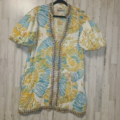 Ollari Anthropologie Beaded Tunic Mini Dress Resort Puff sleeve Semi-Sheer