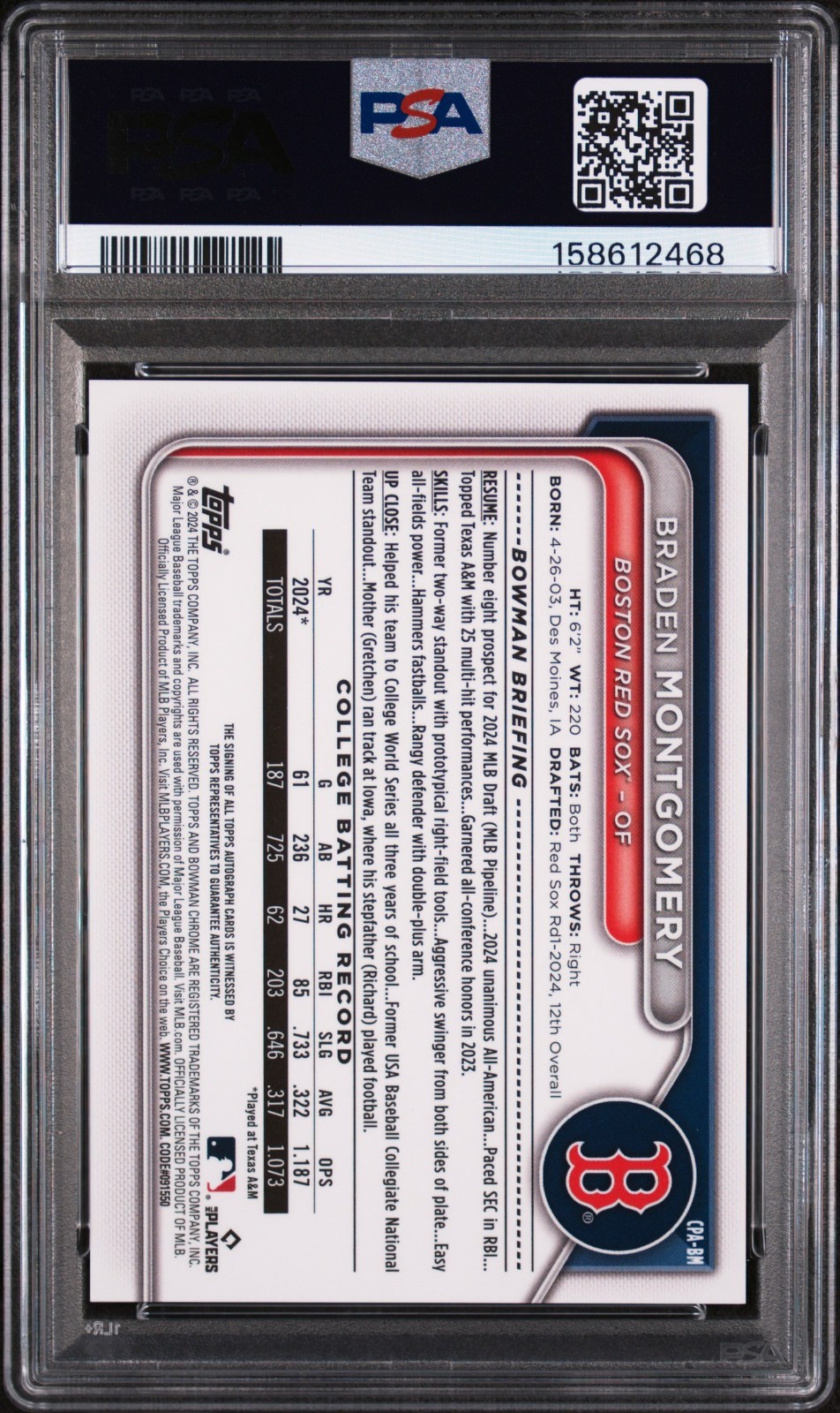 2024 Bowman Draft Braden Montgomery 1st Bowman Autograph Purple Refractor PSA 9! view 2