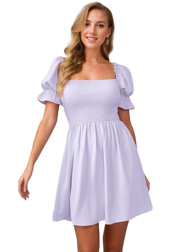Vestido para mujer cuello cuadrado volantes manga corta fruncido volantes dobladillo NUEVO - Imagen 11 de 14
