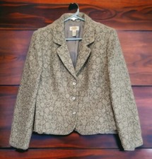 Talbots Beige Wool Blend All Over Floral Jacquard Woven 3 Button Blazer Sz 8