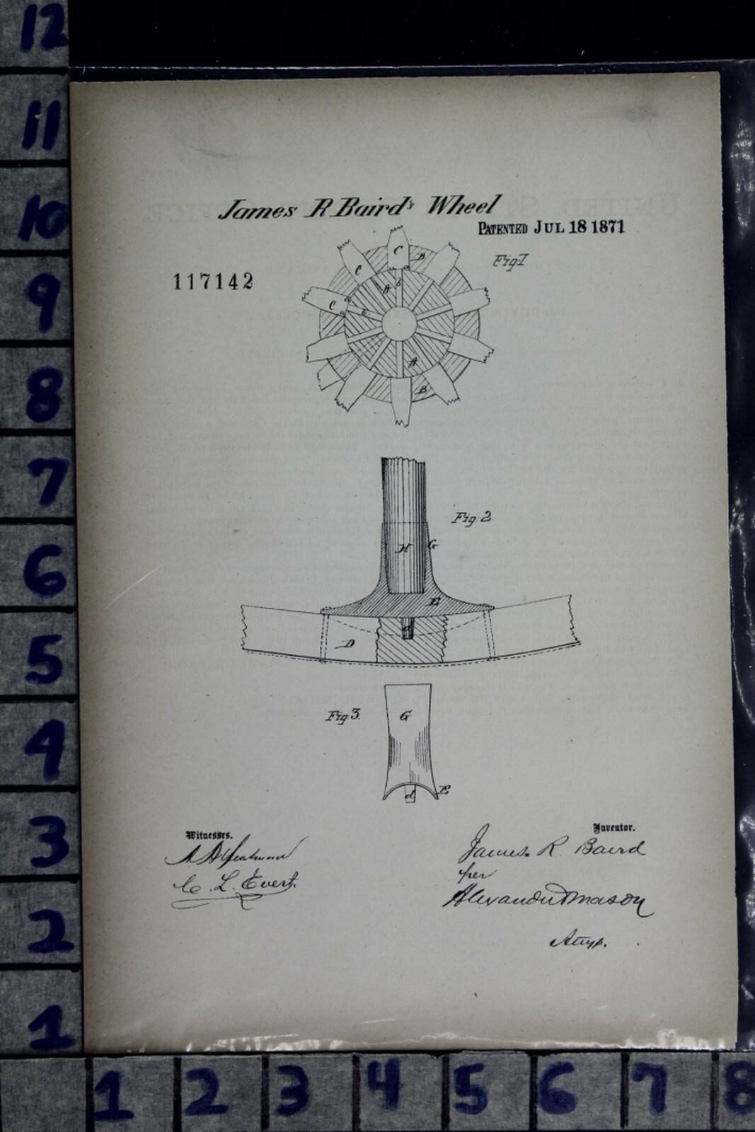 1871 BAIRD VINCENNES INDIANA AUTO INDUSTRY WHEEL HUB PATENT LITHO