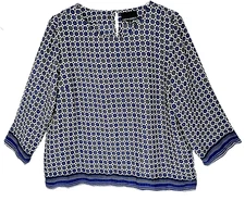 Cynthia Rowley Womens Size L Blouse Top Navy Ivory 3/4 Sleeve Round Neckline