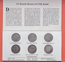 Adenauer, Heuss, Schumacher, Erhard, Strauß, Brandt BRD Münzen, 1969-2001 6x 2DM
