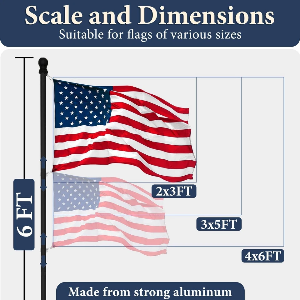 FlagPole, Kit de asta de bandera de 6 pies para bandera americana de 3’ x 5’-360° resistente a enredos Tec... Foto 3 de 4