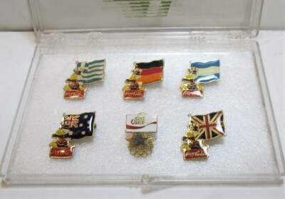 6 Vintage 1984 Olympic Sam the Eagle Coca-Cola Country Flag Pins with Case