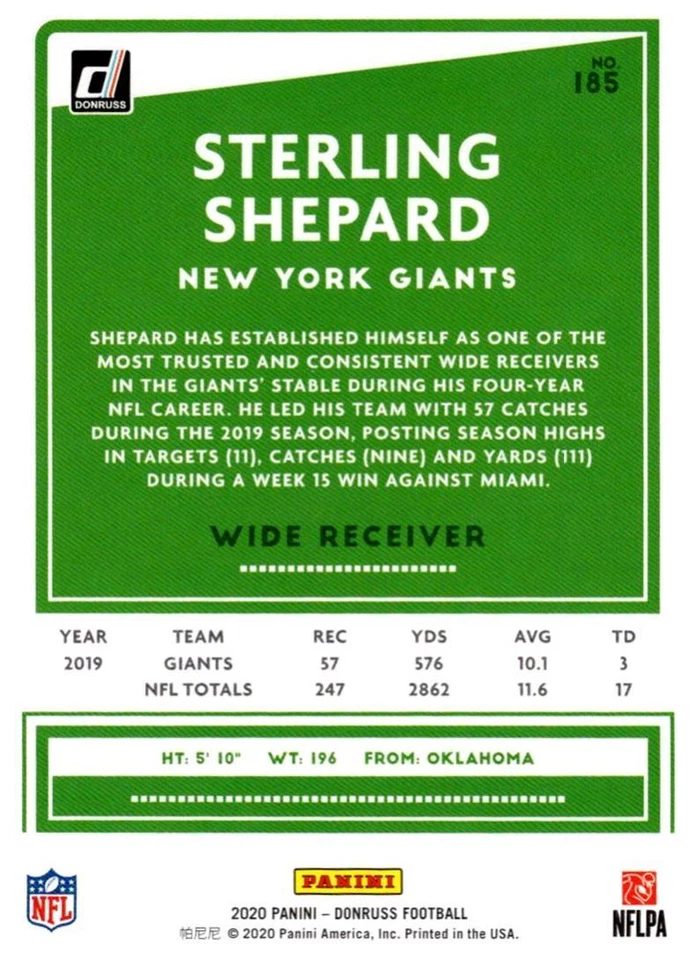 2020 Donruss Press Proofs Blue Sterling Shepard New York Giants #185 - Image 2 of 2