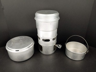 Vintage 5-pc Optimus SVEA 123 Camp Stove & 3-pc Aluminum Cook Set Made in Sweden